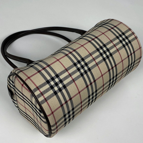 Burberry Plaid Logo Cylinder Handbag Beige Brown - Picture 2 of 6